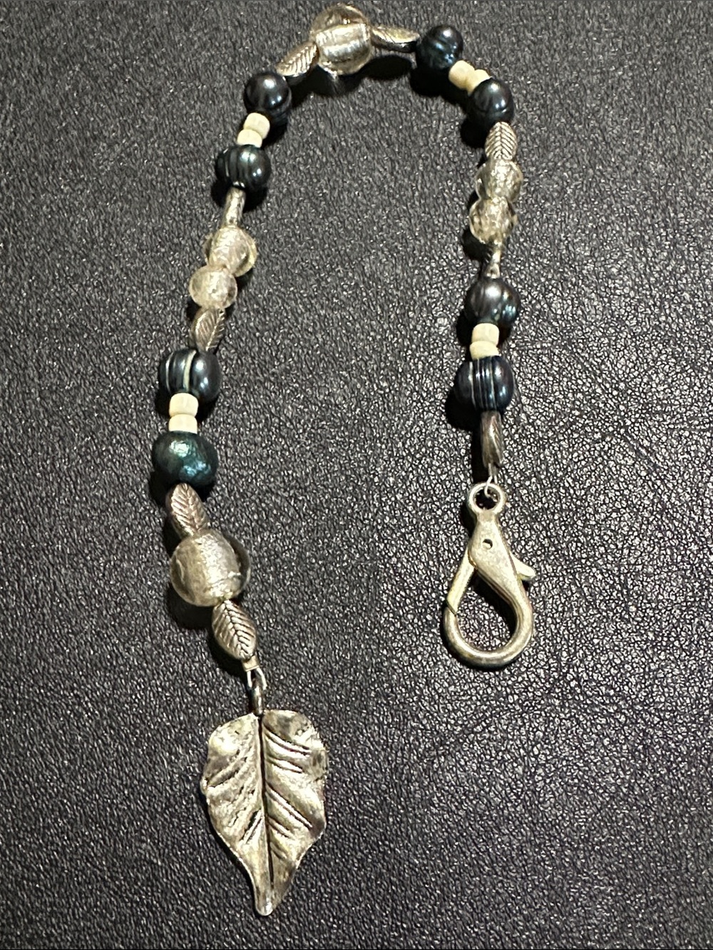 131.  Silver Tone Leaves, Glass, Pearl & White Bead 10” Key Chain